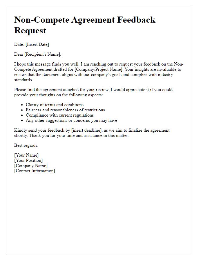 Letter template of Non-Compete Agreement Feedback Request.