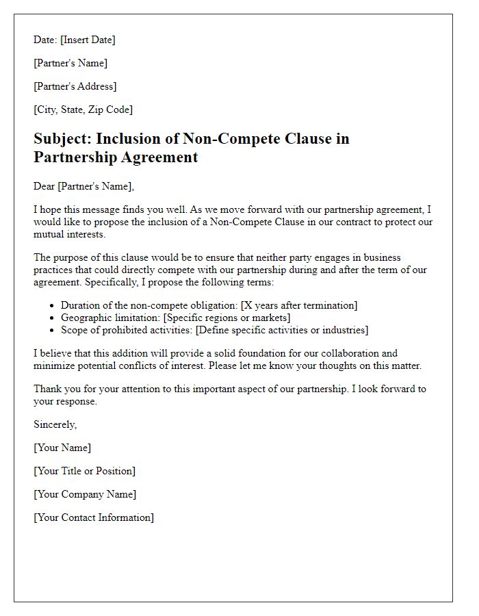 Letter template of Non-Compete Clause Inclusion for Partnership Agreements.