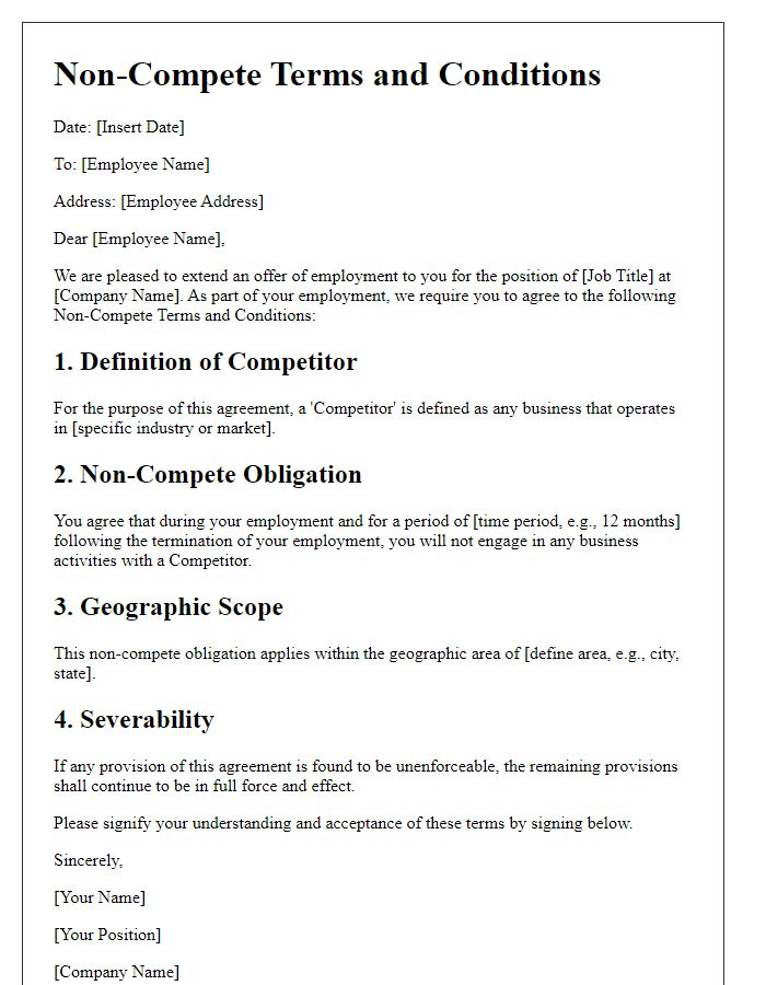 Letter template of Non-Compete Terms and Conditions for New Hires.