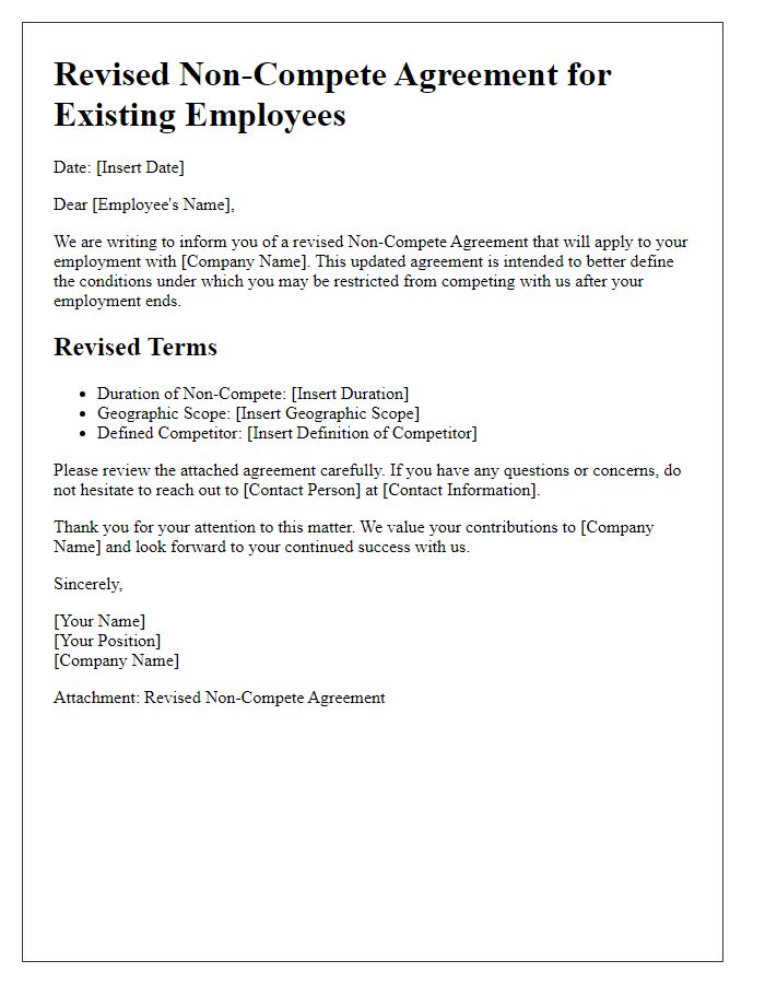 Letter template of Revised Non-Compete Agreement for Existing Employees.