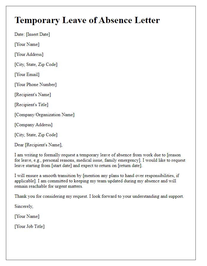 Letter template of temporary leave of absence letter.