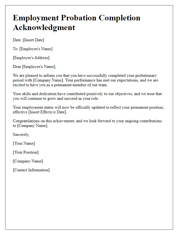 Letter template of employment probation completion acknowledgment.