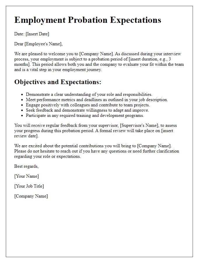 Letter template of employment probation expectations.