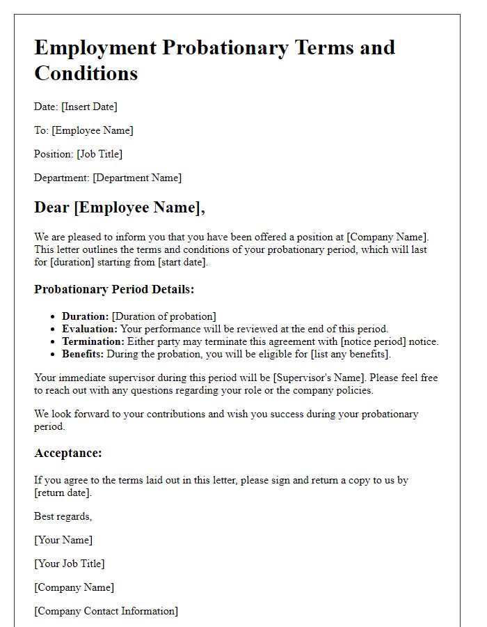 Letter template of employment probationary terms and conditions.