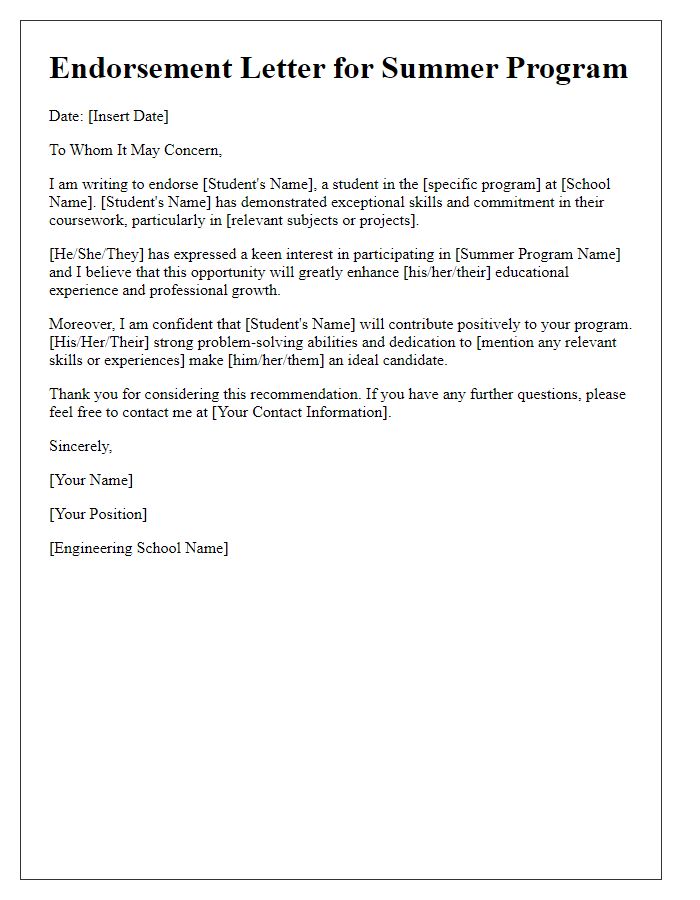 Letter template of engineering school endorsement for summer program