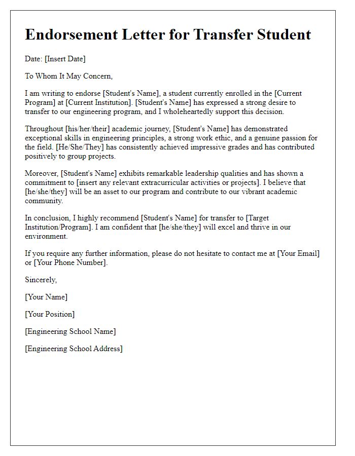 Letter template of engineering school endorsement for transfer student