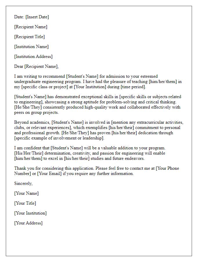 Letter template of engineering school recommendation for undergraduate applicant