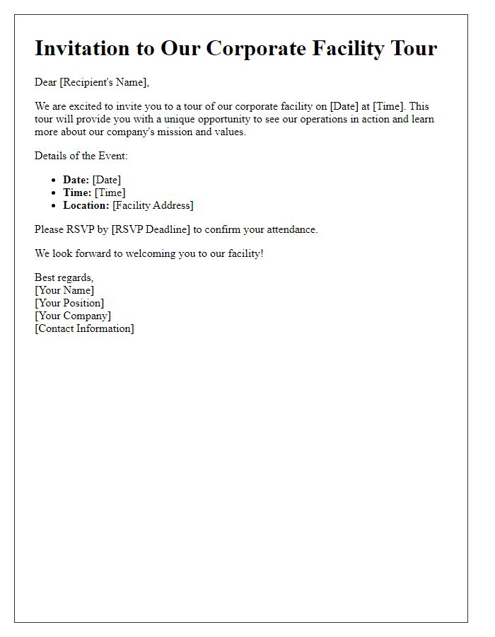 Letter template of invitation for a corporate facility tour