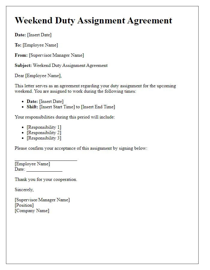 Letter template of weekend duty assignment agreement