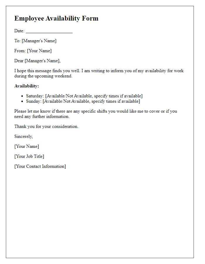 Letter template of weekend employee availability