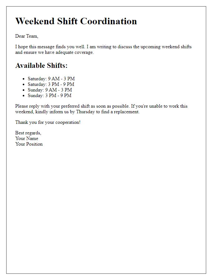Letter template of weekend job shift coordination