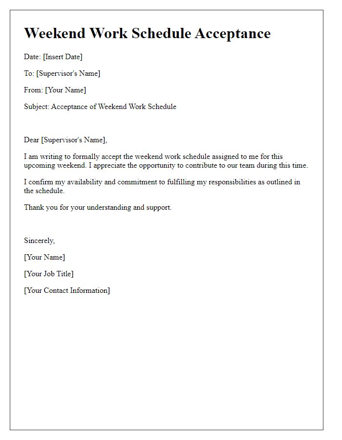 Letter template of weekend work schedule acceptance