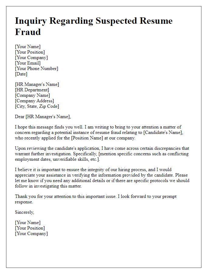 Letter template of suspected resume fraud inquiry to an HR department.