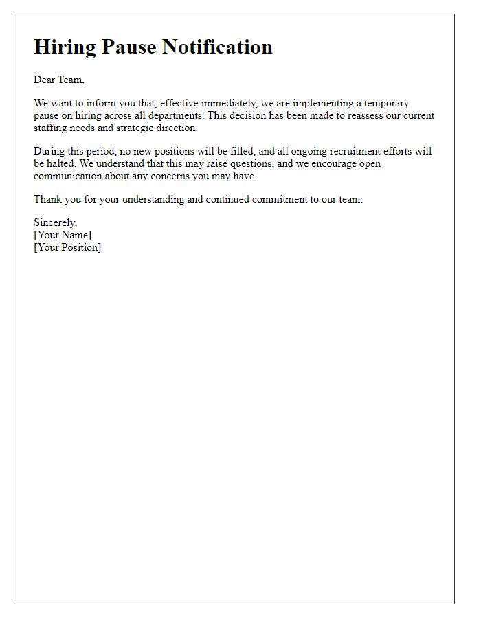 Letter template of hiring pause notification to team