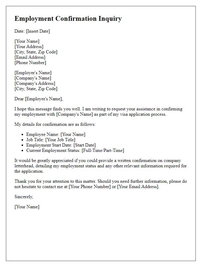 Letter template of employment confirmation inquiry for visa application.