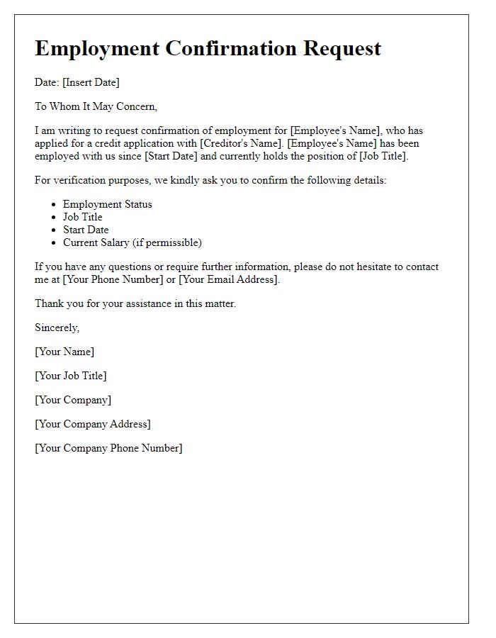 Letter template of employment confirmation request for credit application.