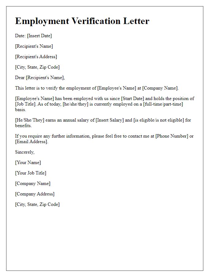 Letter template of employment verification letter for background check.