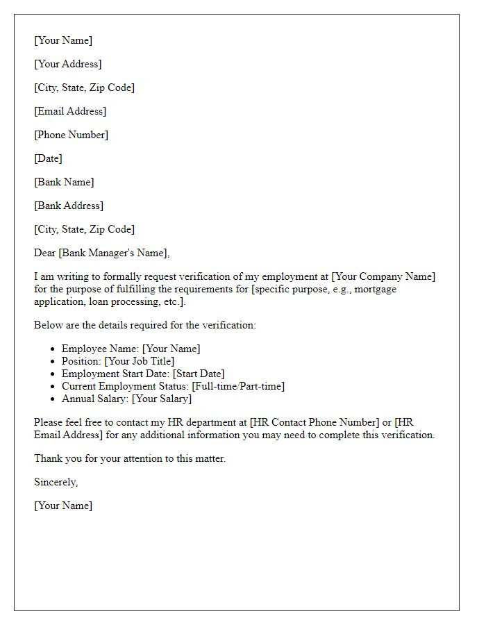 Letter template of employment verification request for bank submission.