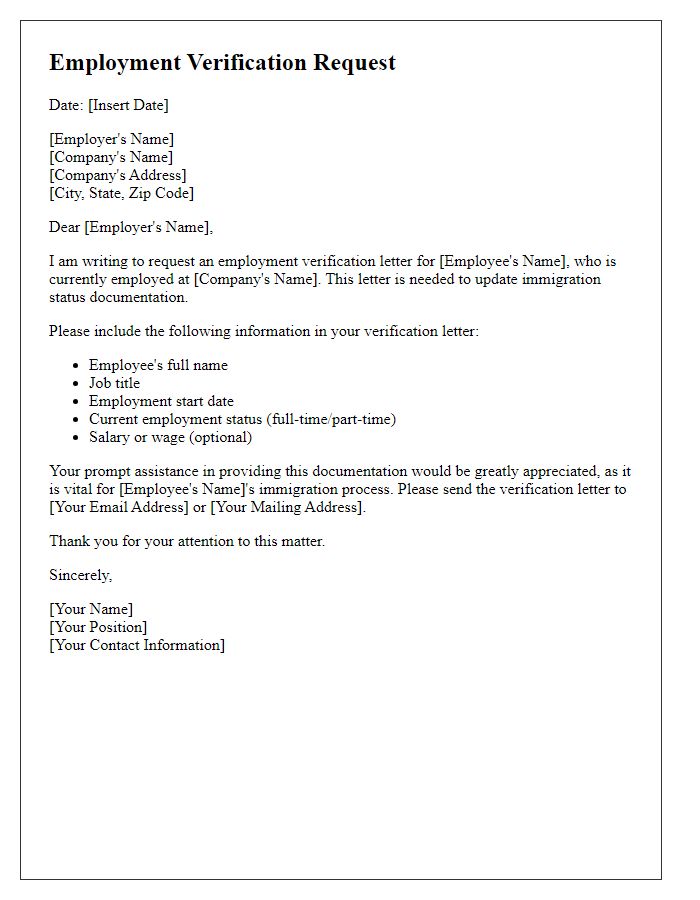 Letter template of employment verification request for immigration status update.