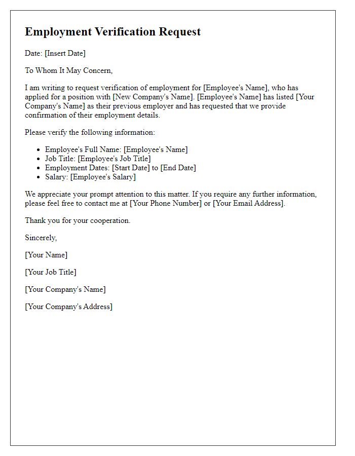 Letter template of employment verification request for a new job offer.