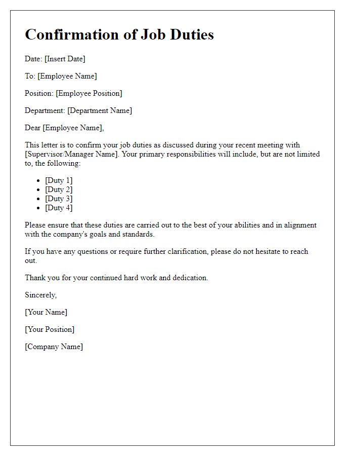 Letter template of confirmation on job duties