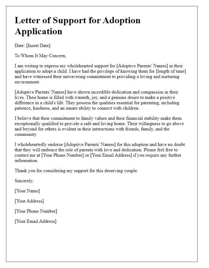 Letter template of support for child adoption application.