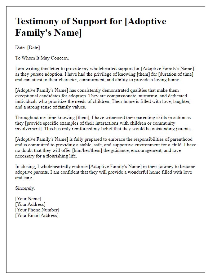 Letter template of testimony for adoptive family qualifications.