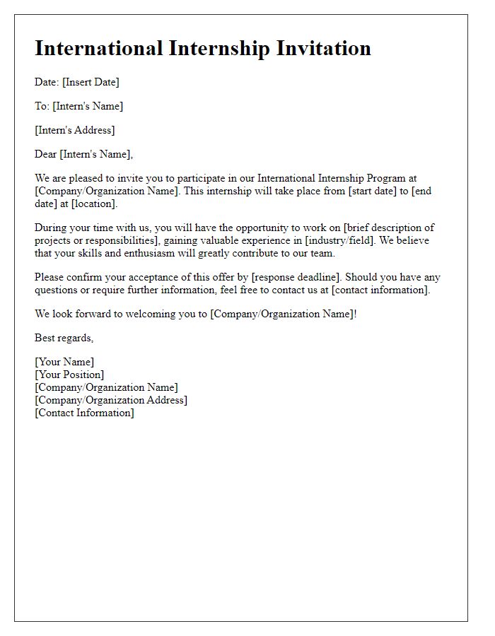 Letter template of international internship invitation