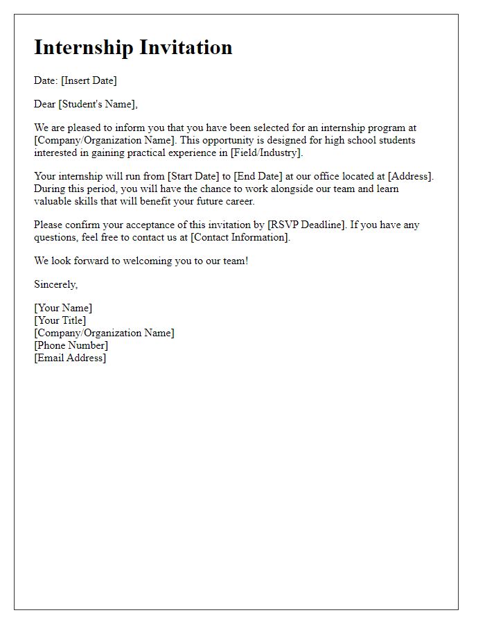 Letter template of internship invitation for high school students