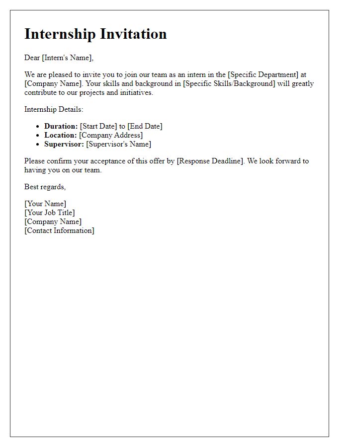 Letter template of internship invitation for specific departments