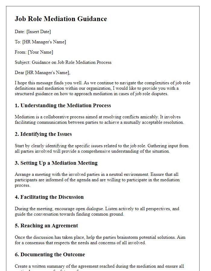 Letter template of job role mediation guidance for HR managers.