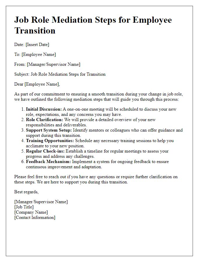 Letter template of job role mediation steps for employee transitions.