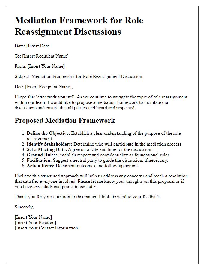 Letter template of mediation framework for role reassignment discussions.