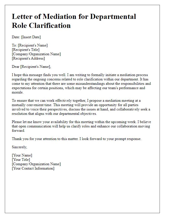 Letter template of mediation process for departmental role clarification.