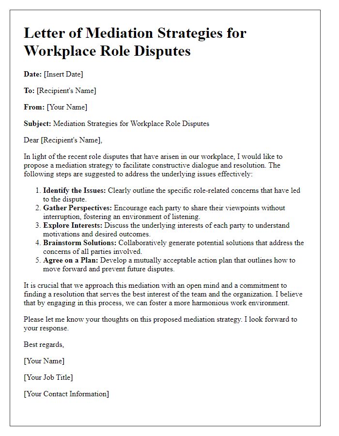 Letter template of mediation strategies for workplace role disputes.