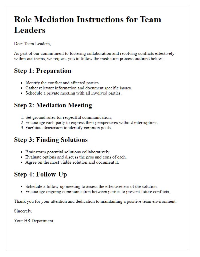 Letter template of role mediation instructions for team leaders.