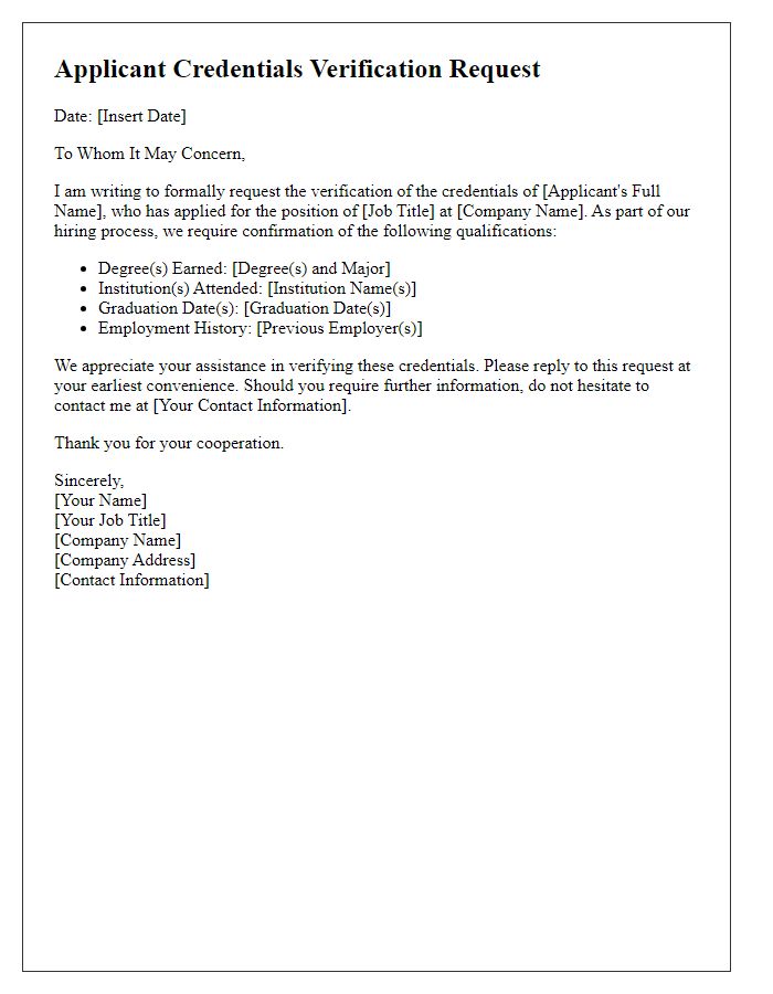 Letter template of applicant credentials verification request
