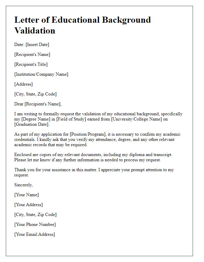 Letter template of applicant educational background validation