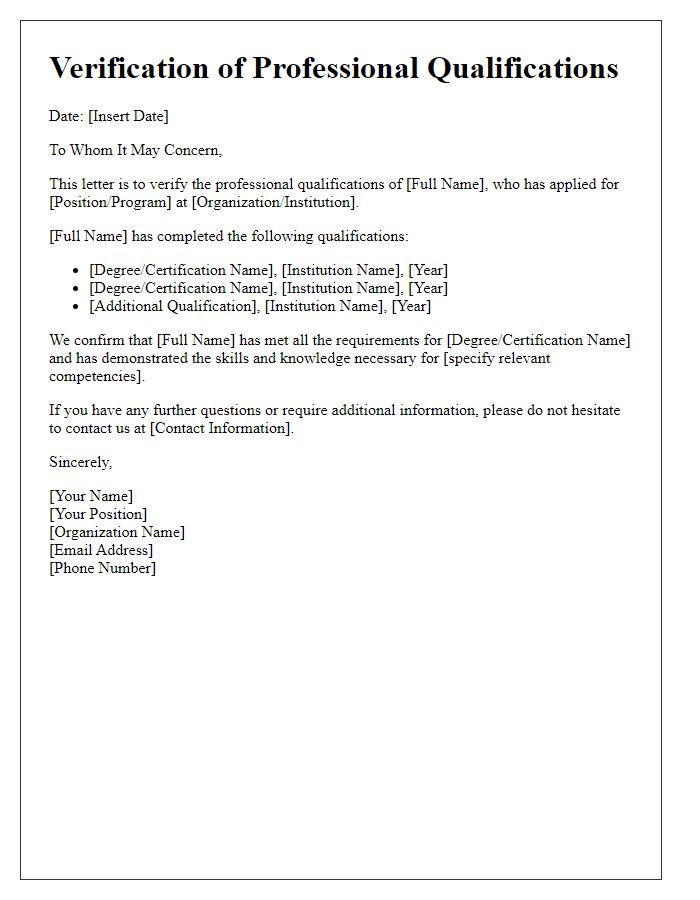 Letter template of verification for professional qualifications