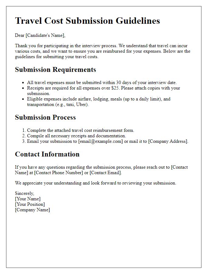 Letter template of candidate travel cost submission guidelines.