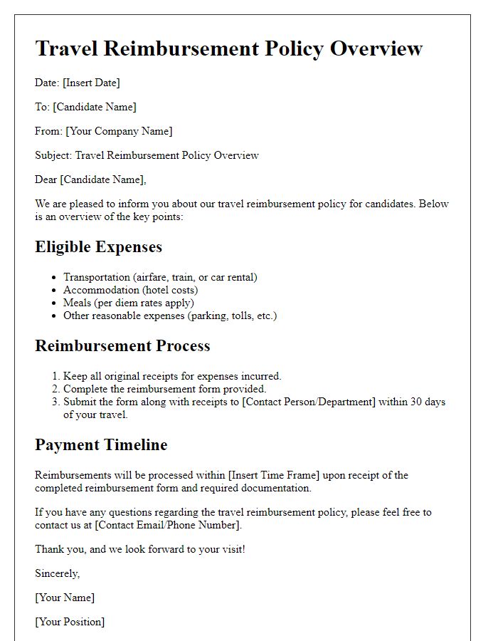 Letter template of candidate travel reimbursement policy overview.