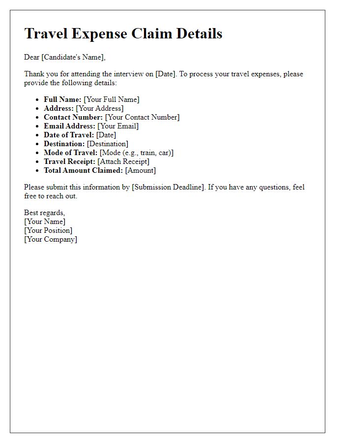 Letter template of details needed for candidates to claim travel expenses.