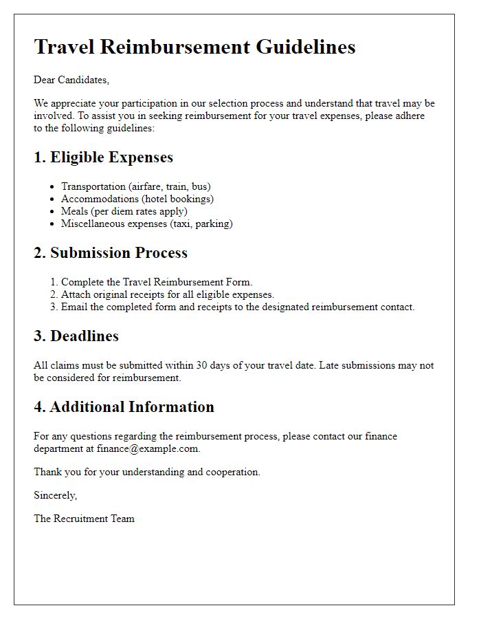 Letter template of guidelines for candidates seeking travel reimbursement.