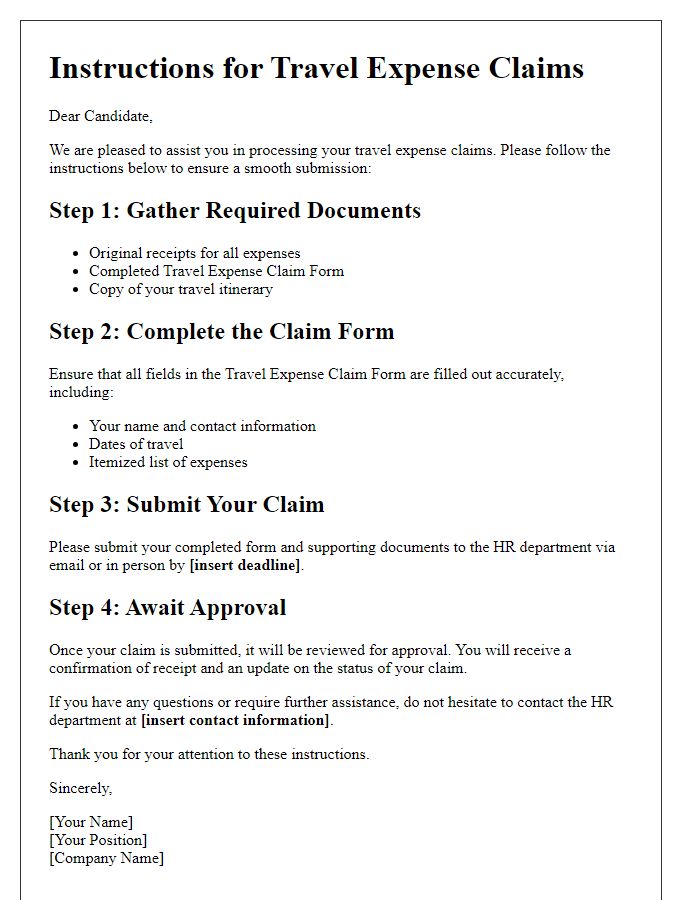 Letter template of instructions for candidate travel expense claims.