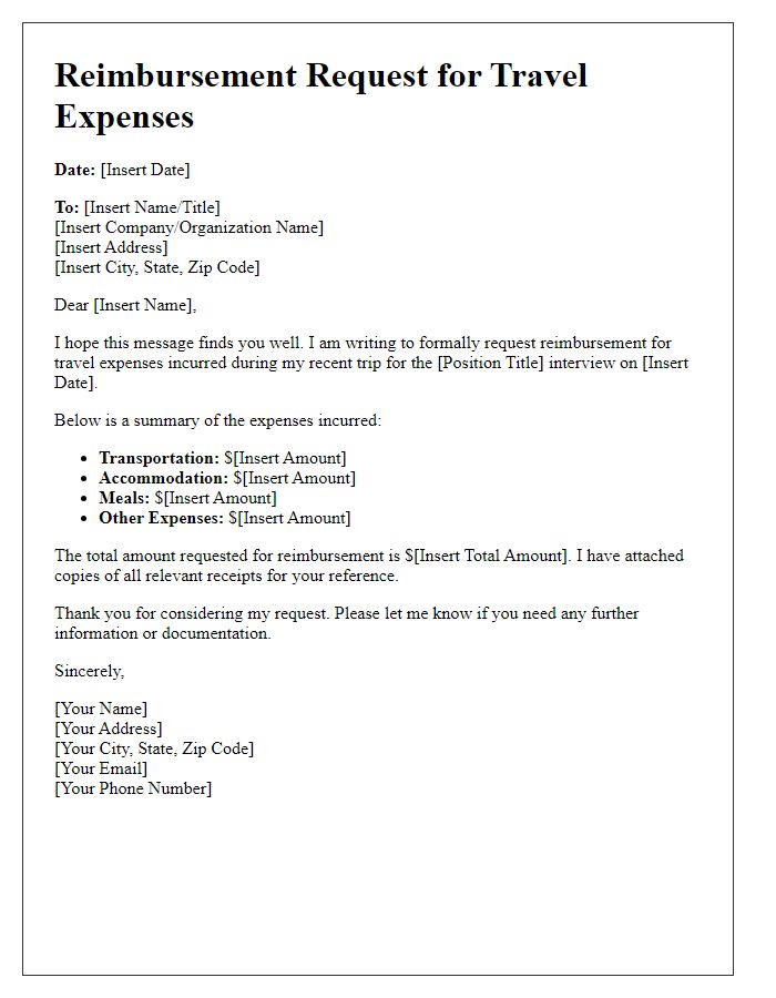 Letter template of reimbursement request for candidate travel expenses.