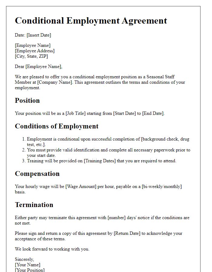 Letter template of conditional employment agreement for seasonal staff.