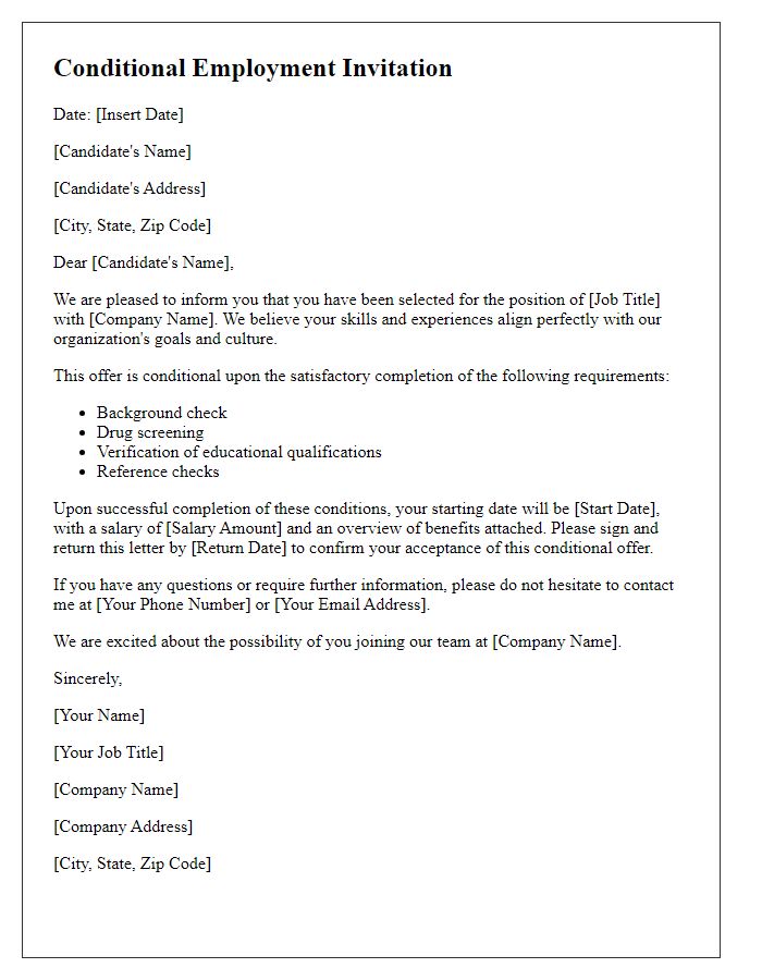 Letter template of conditional employment invitation for specialized roles.