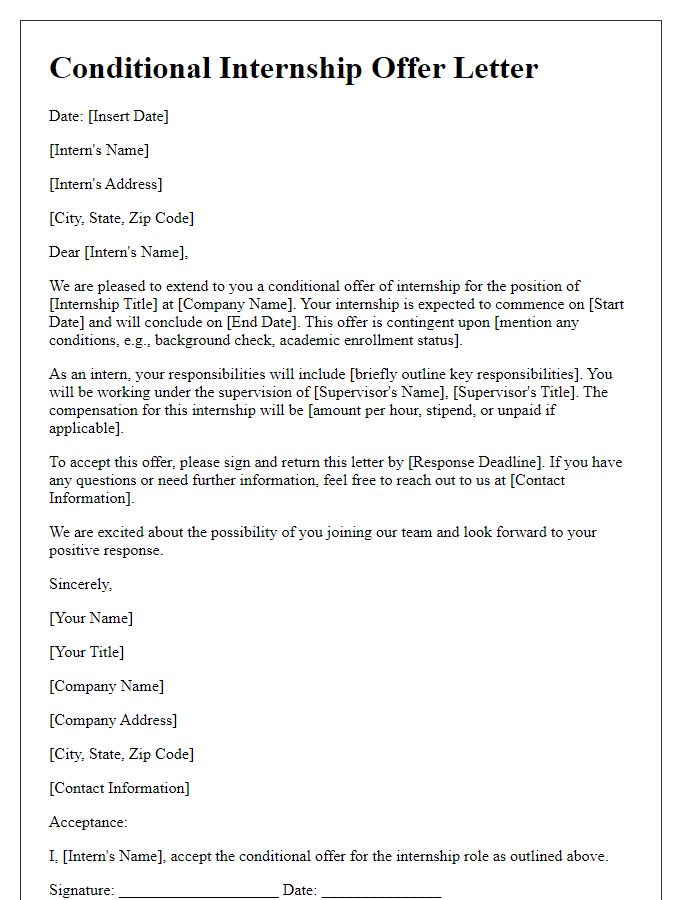 Letter template of conditional employment offer for internship role.