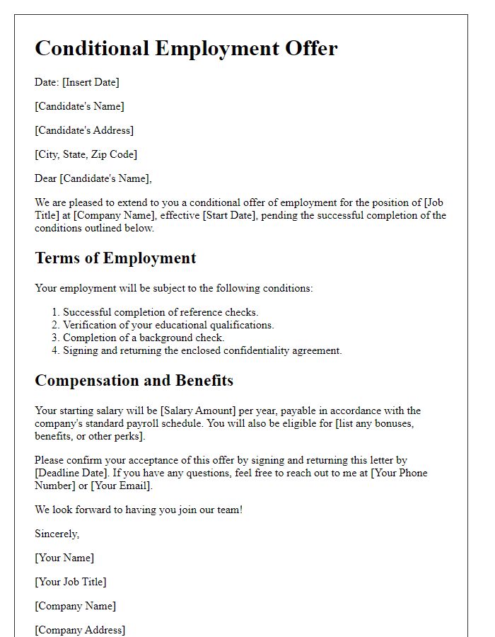 Letter template of conditional employment offer for managerial role.