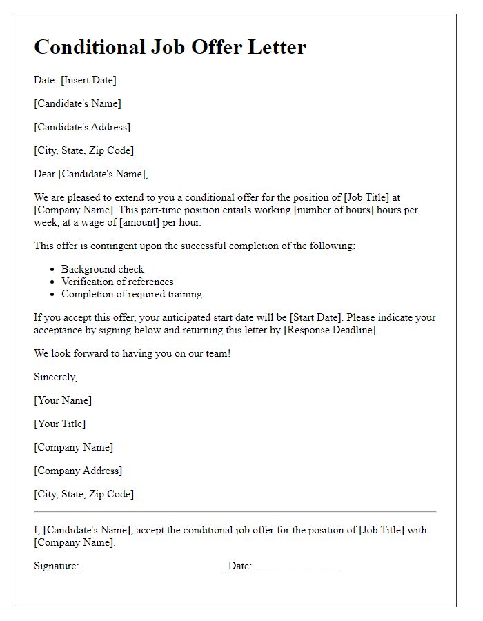 Letter template of conditional job offer for part-time position.